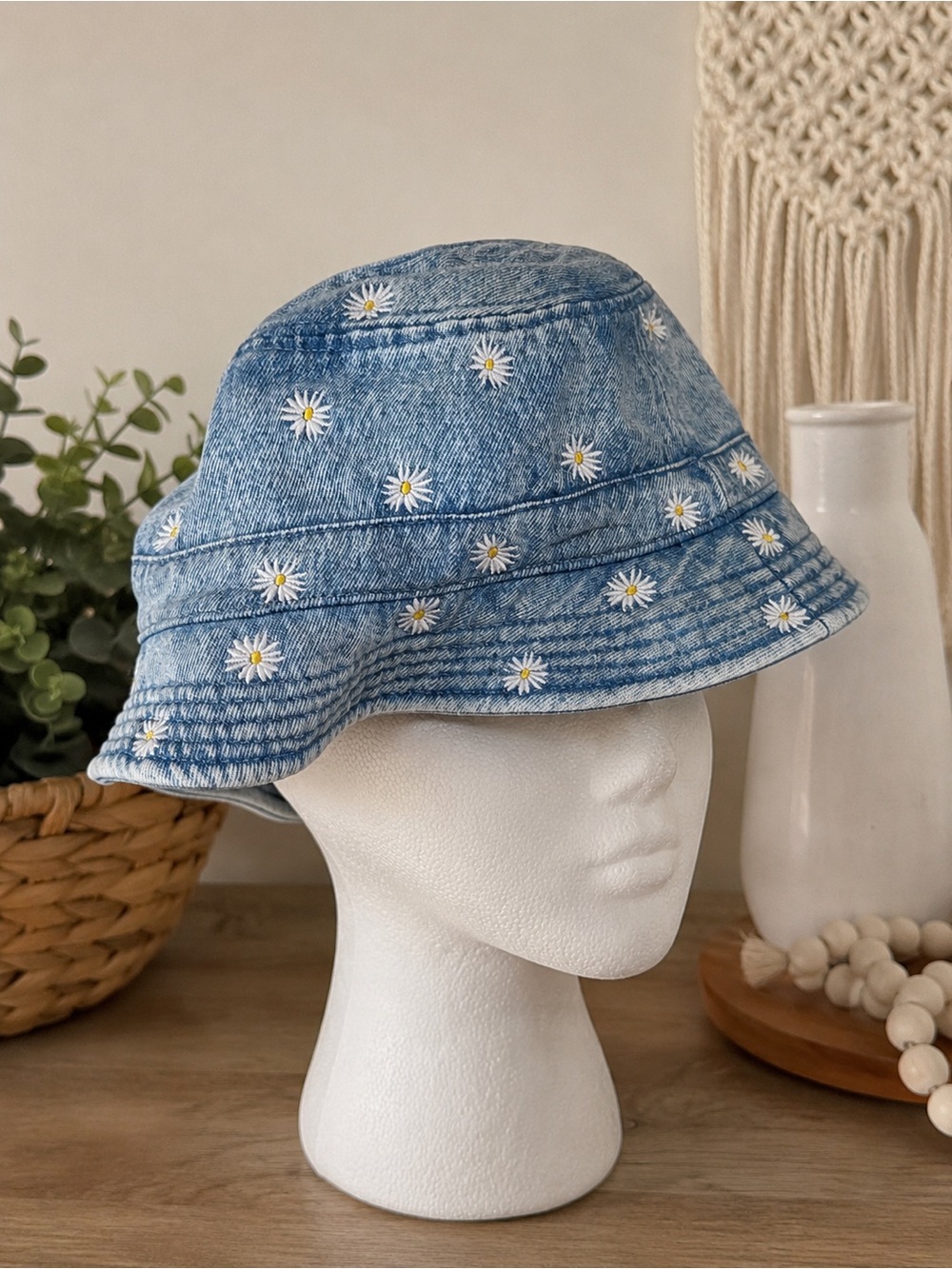 American Eagle Blue Daisy Embroidered Denim Bucket Hat